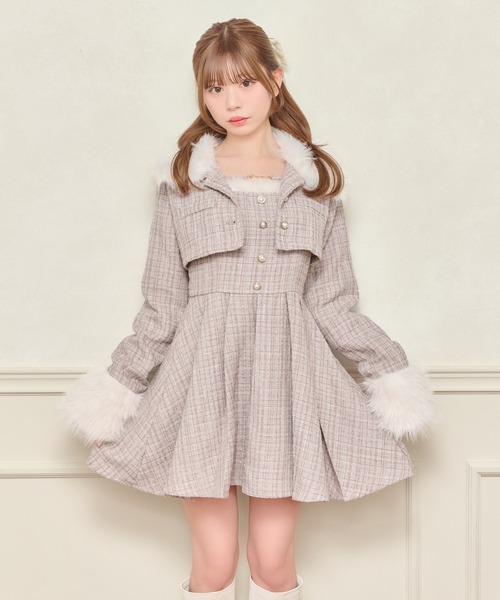 セール】【セット着用可能】ファー付きツイードショートジャケット