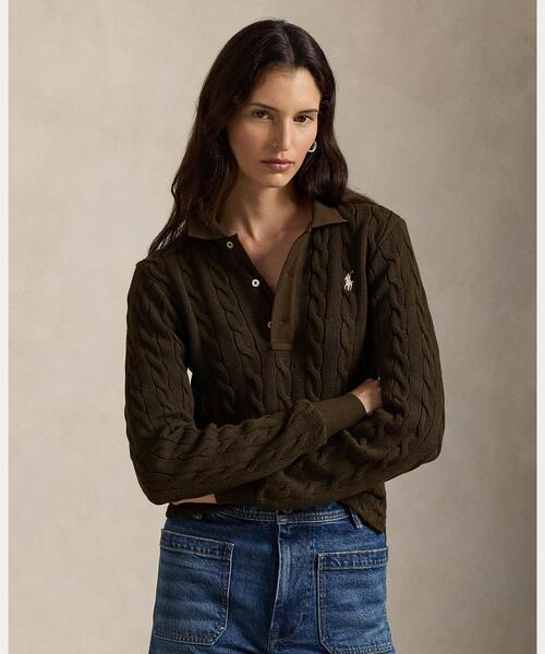 ケーブルニット コットン ロングスリーブ ポロシャツ（ポロシャツ