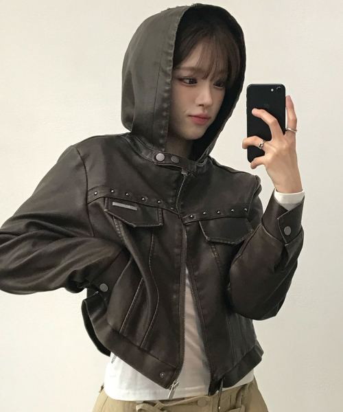 トラックレザーフードパーカージャケットブラウン