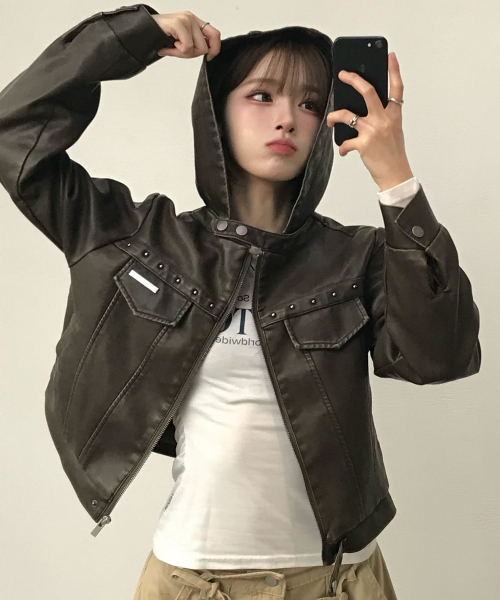 トラックレザーフードパーカージャケットブラウン