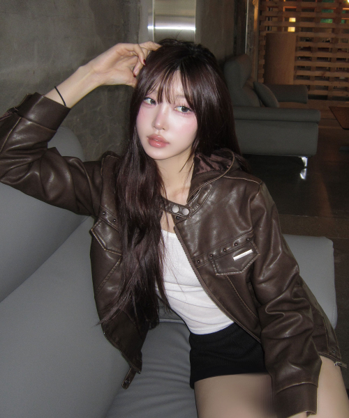 トラックレザーフードパーカージャケットブラウン