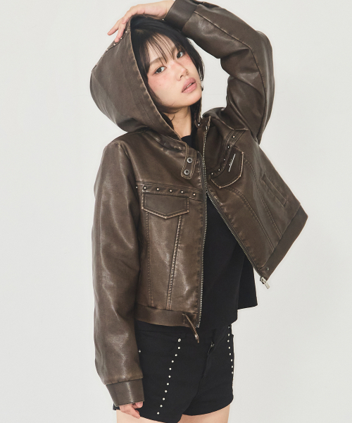トラックレザーフードパーカージャケットブラウン