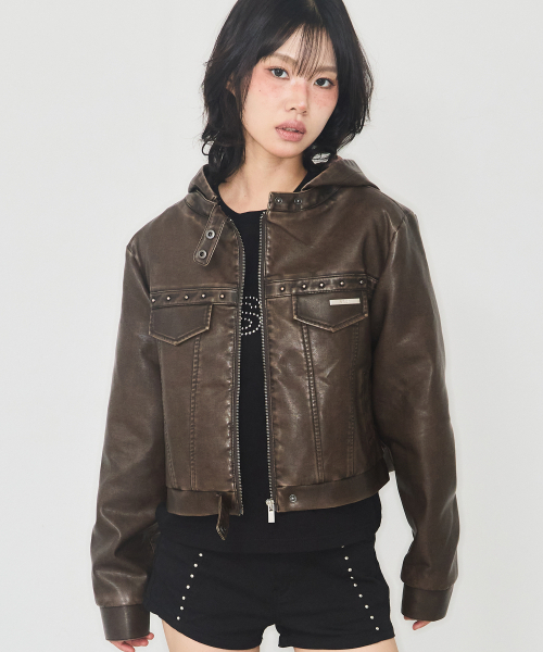 トラックレザーフードパーカージャケットブラウン