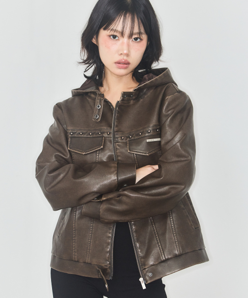 トラックレザーフードパーカージャケットブラウン