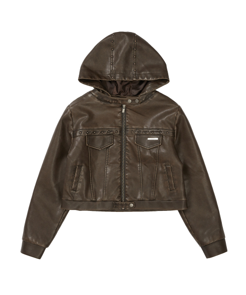 トラックレザーフードパーカージャケットブラウン