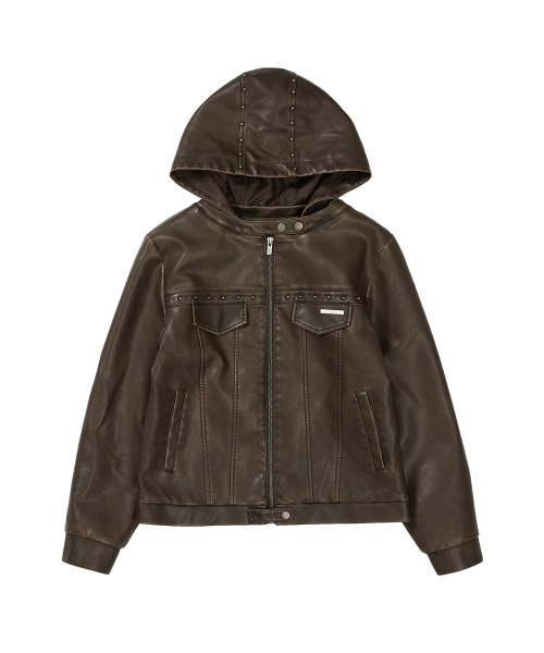 トラックレザーフードパーカージャケットブラウン