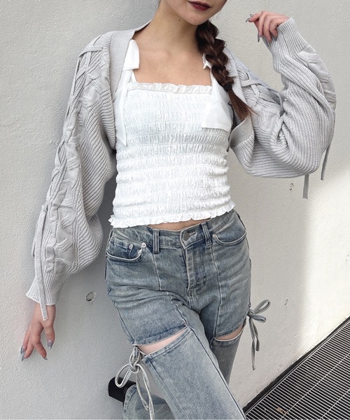 one way（ワンウェイ）の「レースアップボレロ（カーディガン/ボレロ・レディース・ホワイト/ピンク/グレー・FREE）」の2枚目の写真