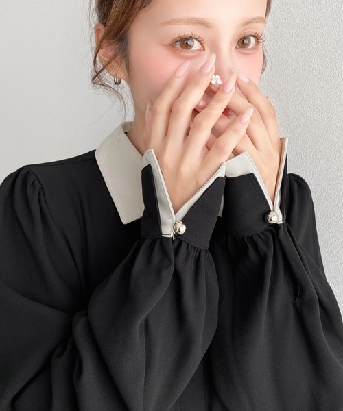 moment+(モーメントプラス)の「バイカラー配色カフス長袖ブラウス(シャツ/ブラウス・レディース・ブラック/ネイビー/オフホワイト/ライトベージュ・M/L)」の3枚目の写真