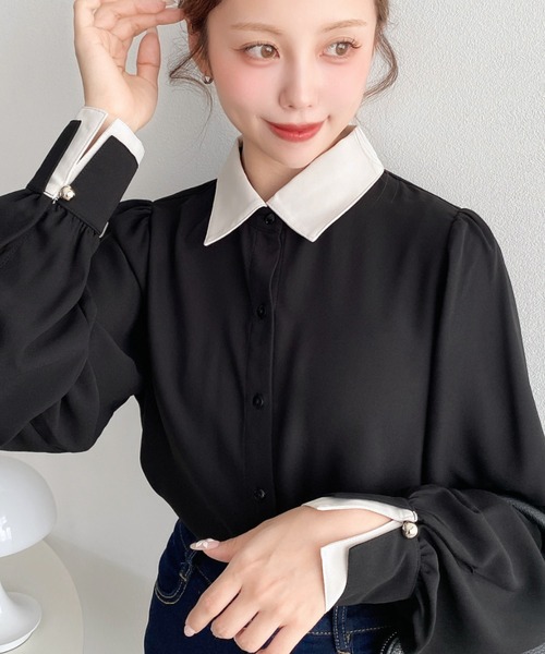 moment+(モーメントプラス)の「バイカラー配色カフス長袖ブラウス(シャツ/ブラウス・レディース・ブラック/ネイビー/オフホワイト/ライトベージュ・M/L)」の19枚目の写真