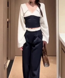 配色トップス×ワイドパンツ 2点セット