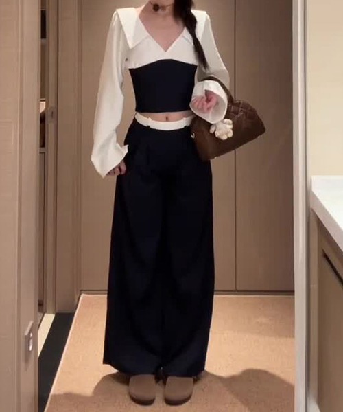 GLAMOROUS JANE(グラマラスジェーン)の「配色トップス×ワイドパンツ 2点セット(セットアップ・レディース・ホワイト・M/L)」の2枚目の写真