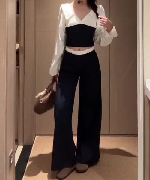 GLAMOROUS JANE(グラマラスジェーン)の「配色トップス×ワイドパンツ 2点セット(セットアップ・レディース・ホワイト・M/L)」の3枚目の写真