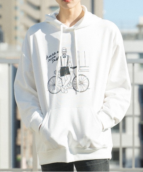 MODISH GAZE（モディシュガゼ）の「ゆる線画プリントビッグシルエットプルパーカー（パーカー・メンズ・ブラック/ダークカーキ・MEDIUM）」の3枚目の写真