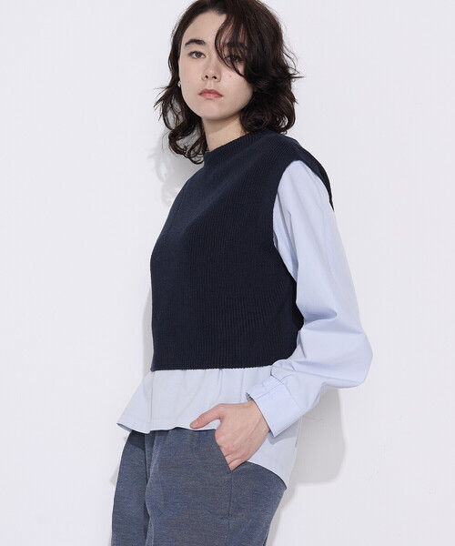 COMME CA(コムサ)の「コットンポリエステルリリヤーン 前後切り替えベスト(ベスト・レディース・ネイビー/オフホワイト/ブラック・9号)」の1枚目の写真