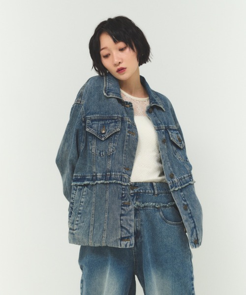 FMiBL（ファミル）の「バルーンシルエットデニムブルゾン / ヒップカバー 春アウター（テーラードジャケット・レディース・カーキ/ブルー・FREE）」の3枚目の写真