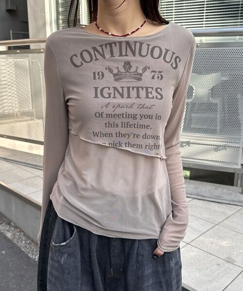 CIAOPANIC（チャオパニック）の「レイヤードデザインメッシュロゴトップス（Tシャツ/カットソー・レディース・オフホワイト/レッド/ブラウン・ONE SIZE）」の5枚目の写真