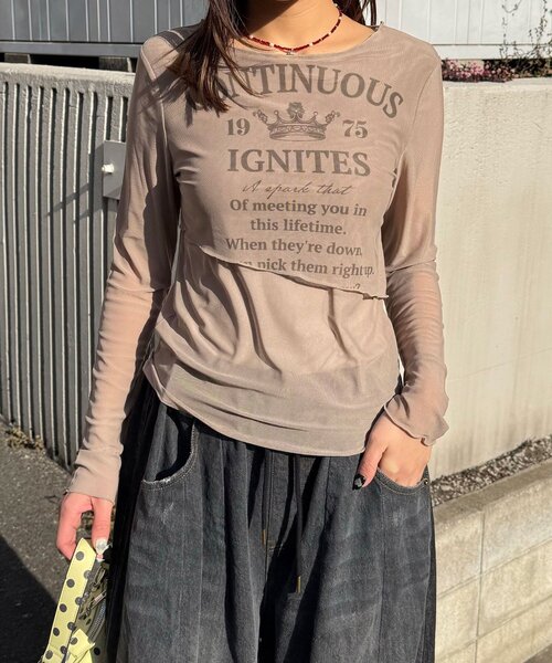 CIAOPANIC（チャオパニック）の「レイヤードデザインメッシュロゴトップス（Tシャツ/カットソー・レディース・オフホワイト/レッド/ブラウン・ONE SIZE）」の7枚目の写真