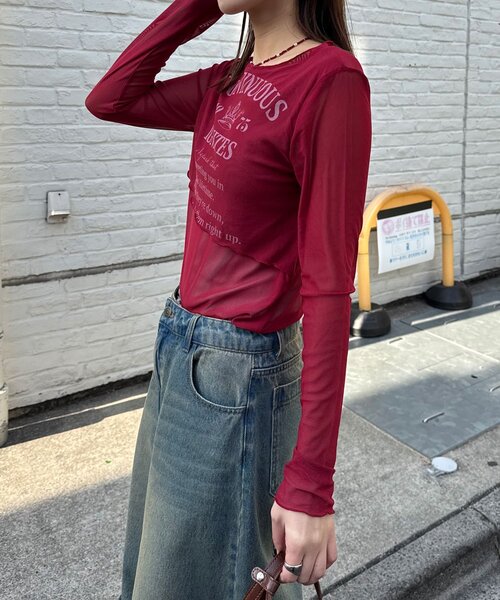 CIAOPANIC（チャオパニック）の「レイヤードデザインメッシュロゴトップス（Tシャツ/カットソー・レディース・オフホワイト/レッド/ブラウン・ONE SIZE）」の14枚目の写真