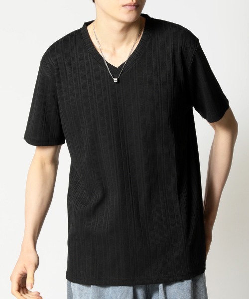 ARCADE(アーケード)の「ランダムテレコ Vネック 半袖 カットソー(Tシャツ/カットソー・メンズ・ブラック/杢グレー・L/LL)」の1枚目の写真