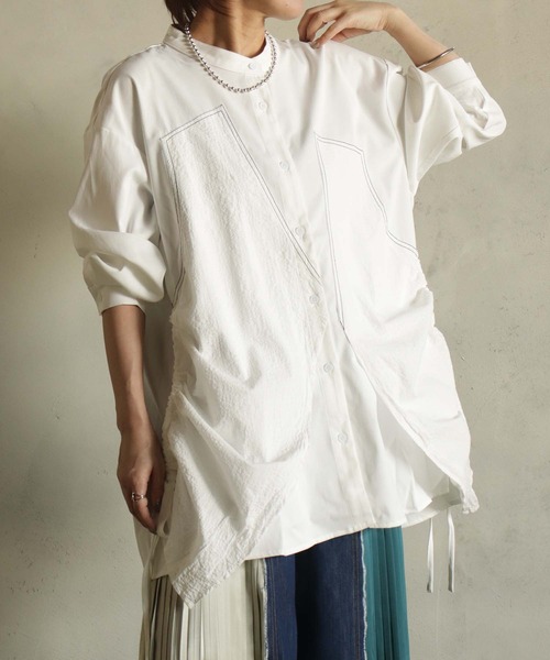 BIZ CREEK(ビズクリーク)の「ステッチミックスロングシャツ(シャツ/ブラウス・レディース・ブラック/サックスブルー/ホワイト・FREE)」の2枚目の写真