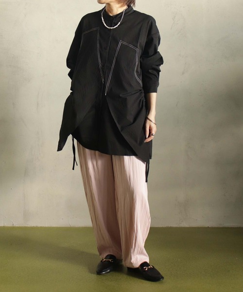 BIZ CREEK(ビズクリーク)の「ステッチミックスロングシャツ(シャツ/ブラウス・レディース・ブラック/サックスブルー/ホワイト・FREE)」の5枚目の写真