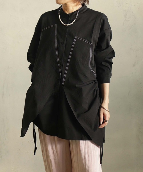 BIZ CREEK(ビズクリーク)の「ステッチミックスロングシャツ(シャツ/ブラウス・レディース・ブラック/サックスブルー/ホワイト・FREE)」の6枚目の写真