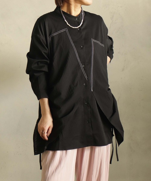 BIZ CREEK(ビズクリーク)の「ステッチミックスロングシャツ(シャツ/ブラウス・レディース・ブラック/サックスブルー/ホワイト・FREE)」の8枚目の写真
