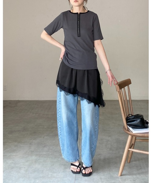 She's Closet(シーズクローゼット)の「アシンメトリー サイドスリット 付け裾 レイヤード 巻きスカート / レースサテンスカート(スカート・レディース・アイボリー/ブラウン/ブラック・FREE)」の9枚目の写真