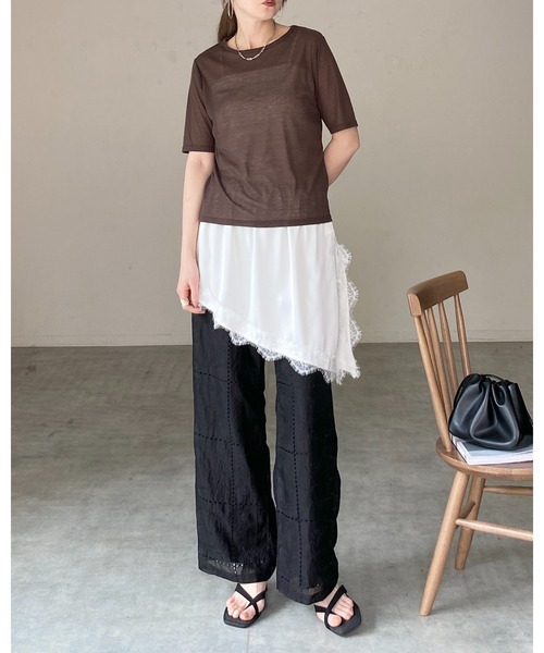 She's Closet(シーズクローゼット)の「アシンメトリー サイドスリット 付け裾 レイヤード 巻きスカート / レースサテンスカート(スカート・レディース・アイボリー/ブラウン/ブラック・FREE)」の17枚目の写真