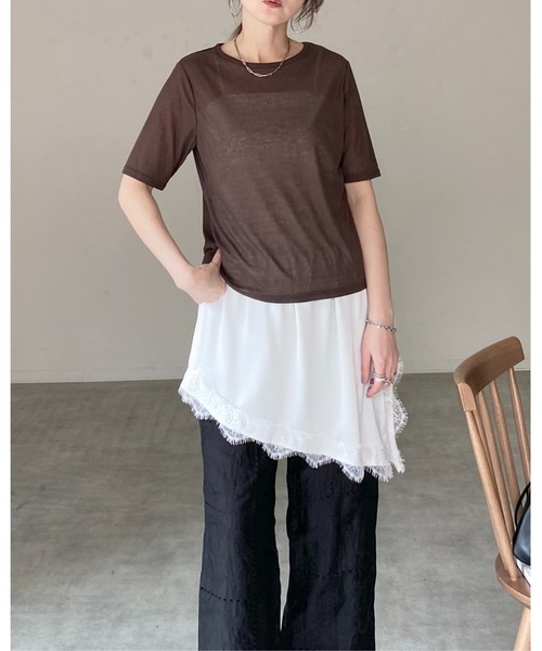 She's Closet(シーズクローゼット)の「アシンメトリー サイドスリット 付け裾 レイヤード 巻きスカート / レースサテンスカート(スカート・レディース・アイボリー/ブラウン/ブラック・FREE)」の18枚目の写真