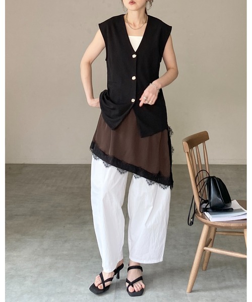 She's Closet(シーズクローゼット)の「アシンメトリー サイドスリット 付け裾 レイヤード 巻きスカート / レースサテンスカート(スカート・レディース・アイボリー/ブラウン/ブラック・FREE)」の19枚目の写真