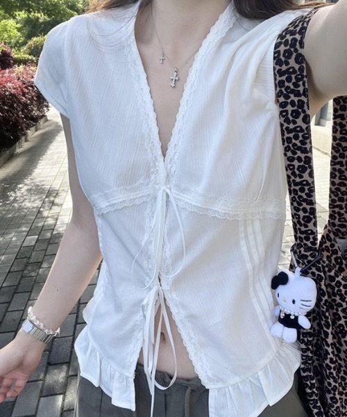 Teem Store(チームストア)の「フレンチスリーブフロントリボントップス(シャツ/ブラウス・レディース・ホワイト・L/M/S)」の6枚目の写真