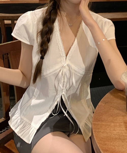 Teem Store(チームストア)の「フレンチスリーブフロントリボントップス(シャツ/ブラウス・レディース・ホワイト・L/M/S)」の5枚目の写真