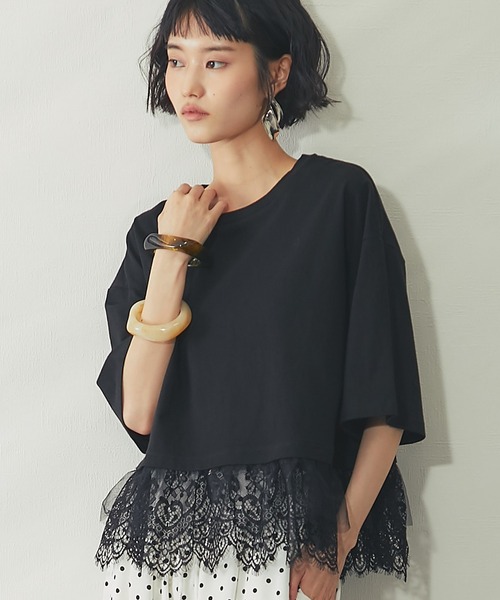 ANOTHER S(アナザーエス)の「裾レースドッキングT(Tシャツ/カットソー・レディース・ブラック/オフホワイト/イエロー・M)」の1枚目の写真