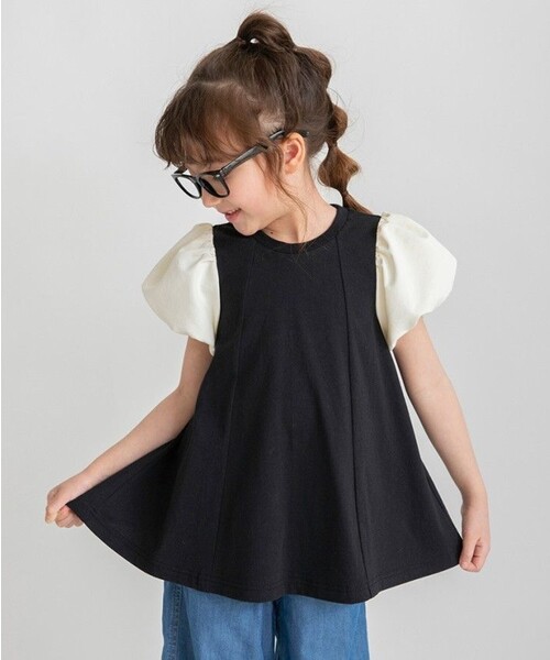 BRANSHES(ブランシェス)の「袖異素材バルーンチュニック(Tシャツ/カットソー・キッズ・ブラック/ピンク・120/130/110/90/140/150/100)」の2枚目の写真