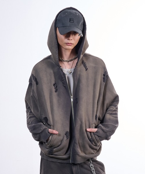 VI E DIT(ヴィエディット)の「Pieace Heart Hoodie/ピースハートフーディ/ヴィンテージ加工パーカー(パーカー・メンズ・チャコールグレー・2/1)」の1枚目の写真