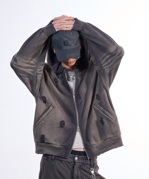 VI E DIT(ヴィエディット)の「Pieace Heart Hoodie/ピースハートフーディ/ヴィンテージ加工パーカー(パーカー・メンズ・チャコールグレー・2/1)」の6枚目の写真