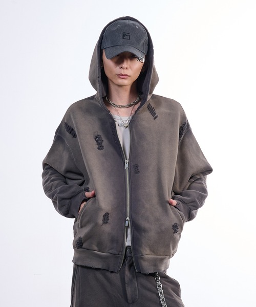 VI E DIT(ヴィエディット)の「Pieace Heart Hoodie/ピースハートフーディ/ヴィンテージ加工パーカー(パーカー・メンズ・チャコールグレー・2/1)」の7枚目の写真