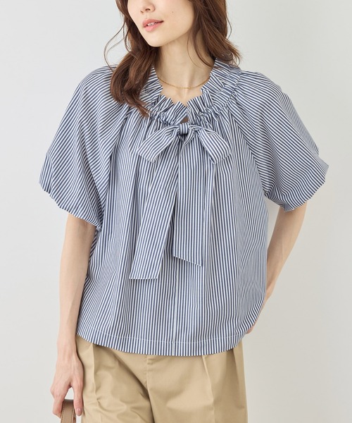 ROPE' PICNIC（ロペピクニック）の「前後2WAYギャザーリボンデザインシャツ/UVケア・接触冷感・リンクコーデ（シャツ/ブラウス・レディース・イエロー/ネイビー/ブルー/オフホワイト・FREE）」の2枚目の写真