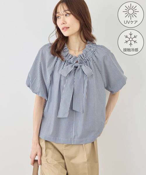 ROPE' PICNIC（ロペピクニック）の「前後2WAYギャザーリボンデザインシャツ/UVケア・接触冷感・リンクコーデ（シャツ/ブラウス・レディース・イエロー/ネイビー/ブルー/オフホワイト・FREE）」の14枚目の写真