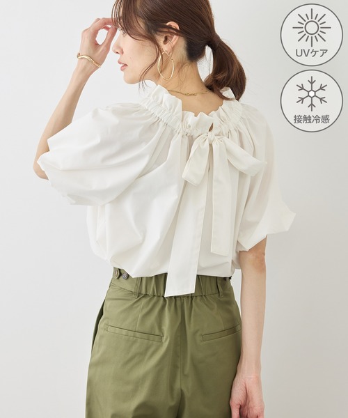 ROPE' PICNIC（ロペピクニック）の「前後2WAYギャザーリボンデザインシャツ/UVケア・接触冷感・リンクコーデ（シャツ/ブラウス・レディース・イエロー/ネイビー/ブルー/オフホワイト・FREE）」の9枚目の写真