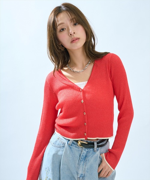 AND COUTURE(アンドクチュール)の「シアーリブクロップドニットカーディガン(カーディガン/ボレロ・レディース・グリーン/レッド/ネイビー/オフホワイト・FREE)」の6枚目の写真