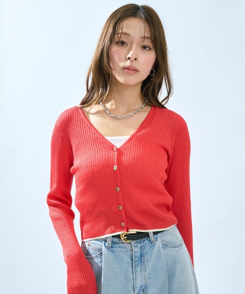 AND COUTURE(アンドクチュール)の「シアーリブクロップドニットカーディガン(カーディガン/ボレロ・レディース・グリーン/レッド/ネイビー/オフホワイト・FREE)」の12枚目の写真