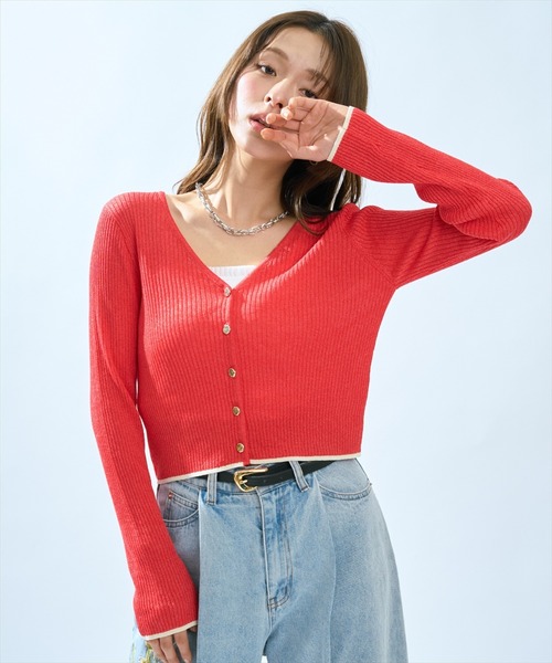 AND COUTURE(アンドクチュール)の「シアーリブクロップドニットカーディガン(カーディガン/ボレロ・レディース・グリーン/レッド/ネイビー/オフホワイト・FREE)」の13枚目の写真