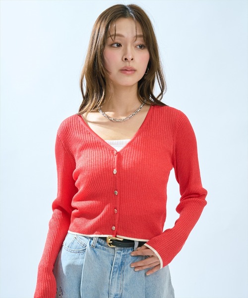 AND COUTURE(アンドクチュール)の「シアーリブクロップドニットカーディガン(カーディガン/ボレロ・レディース・グリーン/レッド/ネイビー/オフホワイト・FREE)」の14枚目の写真