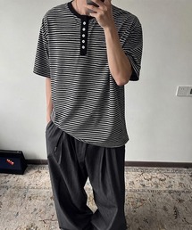 ボーダー柄ヘンリーネックTシャツ