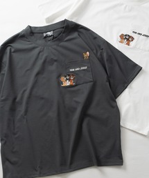 【15】〔TOM&JERRY/トム&ジェリー〕ドライタッチ コットンライク ポケット刺繍 半袖Tシャツ 吸水速乾/UVカット さかな/三匹の子猫/カナリア