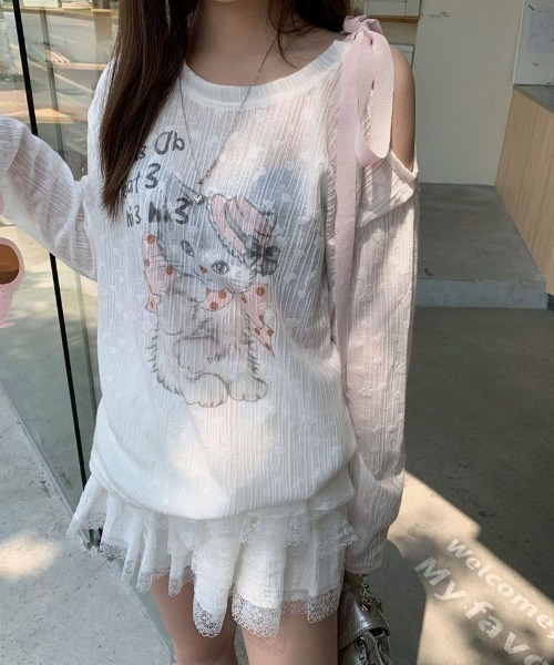 Ritzy（リッツィー）の「リボンショルダーシアープリントトップス（Tシャツ/カットソー・レディース・ホワイト・M/L）」の4枚目の写真