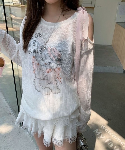 Ritzy（リッツィー）の「リボンショルダーシアープリントトップス（Tシャツ/カットソー・レディース・ホワイト・M/L）」の6枚目の写真