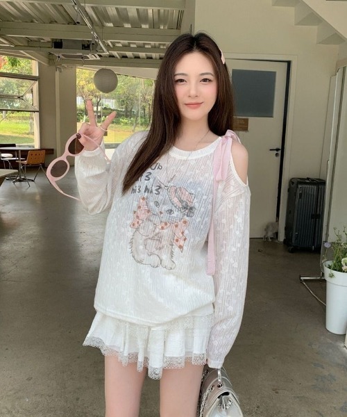 Ritzy（リッツィー）の「リボンショルダーシアープリントトップス（Tシャツ/カットソー・レディース・ホワイト・M/L）」の10枚目の写真